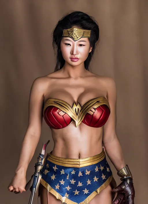 Image similar to portrait of a korean woman that looks like lindsey pelas on the set of wonder woman, by charlotte grimm, natural light, detailed face, canon eos c 3 0 0, ƒ 1. 8, 3 5 mm, 8 k, medium - format print, half body shot