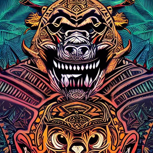 Image similar to barong family member at pool party, wiwek, mara demon, one single tribe member, jungle, one single mask, dark, ancient warrior, gorilla, lizard, tribal, inner glow, art by dan mumford and justin gerard