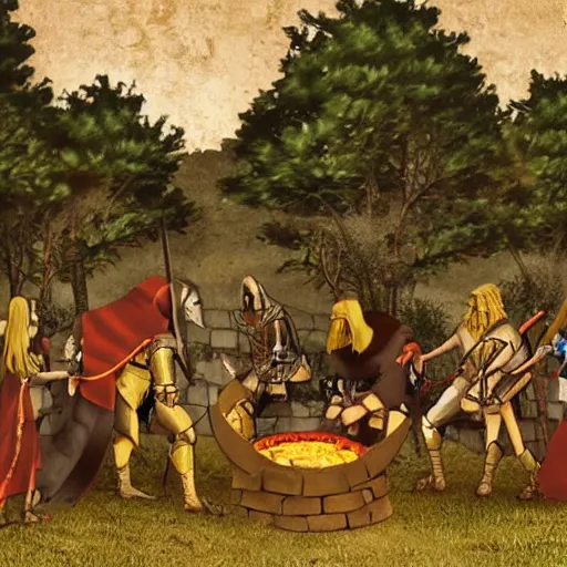 Image similar to Medieval knights gathered around a firepit surrounded by werewolves