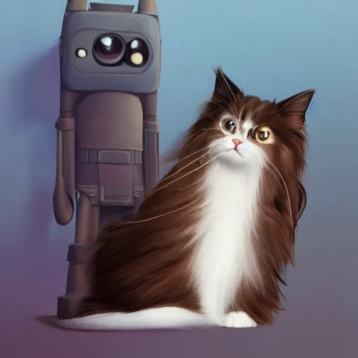 Prompt: cute long haired cat wearing a virtual reality headset, standing upright holding vr controllers playing vr game, detailed painting in the style of ralph mcquarrie 4 k