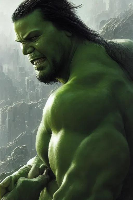 Image similar to Keanu Reeves as green Hulk, marvel, dark, intricate, highly detailed, smooth, artstation, digital illustration by Ruan Jia and Mandy Jurgens and Artgerm and Wayne Barlowe and Greg Rutkowski and Zdislav Beksinski