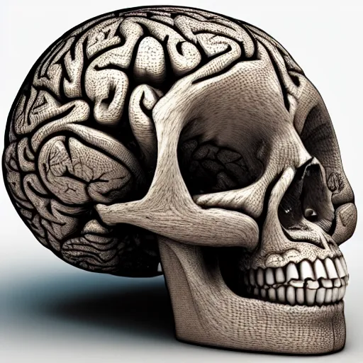 Prompt: a transparent skull containing brains, 3D render