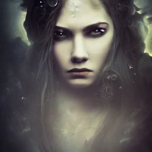 Image similar to the dark goddess of eternal night, beautiful, 8k, ethereal, cinematic, unearthly, moody, atmospheric, portrait, photomanipulation