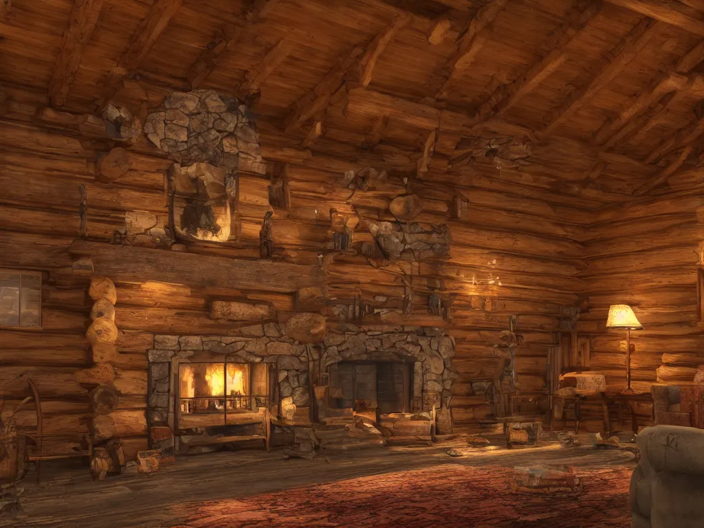 Image similar to Log cabin interior on stormy night, warm fireplace, hdr, ue5, unreal engine 5, cinematic 4k wallpaper, ultra detailed, high resolution, artstation, award winning.