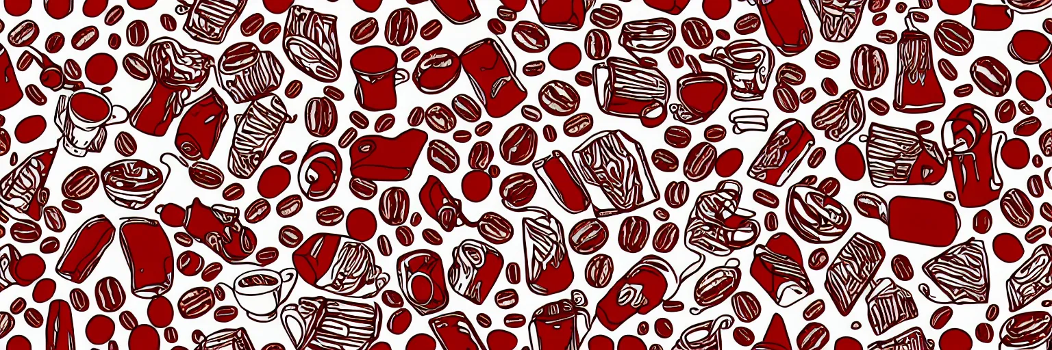 Image similar to seamless pattern, coffee and musical instrument, vector, line art, red and white,