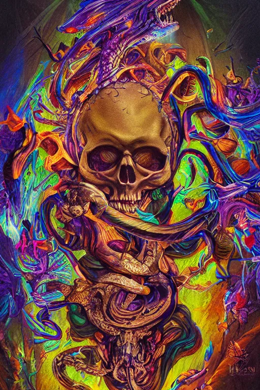 Prompt: 35 mm lens photo of scull lsd colors with snake tongue, direct sunlight, glowing, vivid, detailed painting, Houdini algorhitmic pattern, by Ross Tran, WLOP, artgerm and James Jean, masterpiece, award winning painting