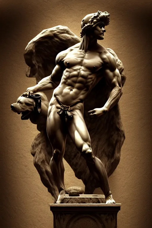 Image similar to dog as a greek god, greek statue, gorgeous, amazing, muscular, fit, very muscular male body, very detailed face, detailed features, fantasy, circuitry, explosion, dramatic, intricate, elegant, highly detailed, digital painting, artstation, concept art, smooth, sharp focus, illustration, art by gustave dore, octane render