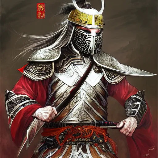 Prompt: portrait of a wuxia warrior in detailed ceremonial armour. digital art. high detail. sharp focus. high resolution. by a. j. manzanedo