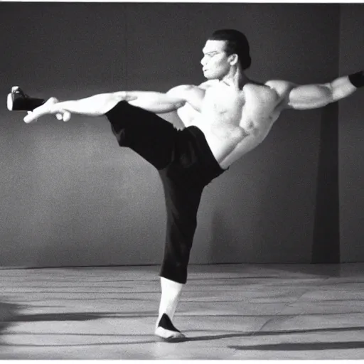 Image similar to cinematic still, young Jean Claude Vandamme doing the splits with a foot placed on separate chairs, dramatic lighting ,award winning, 4K