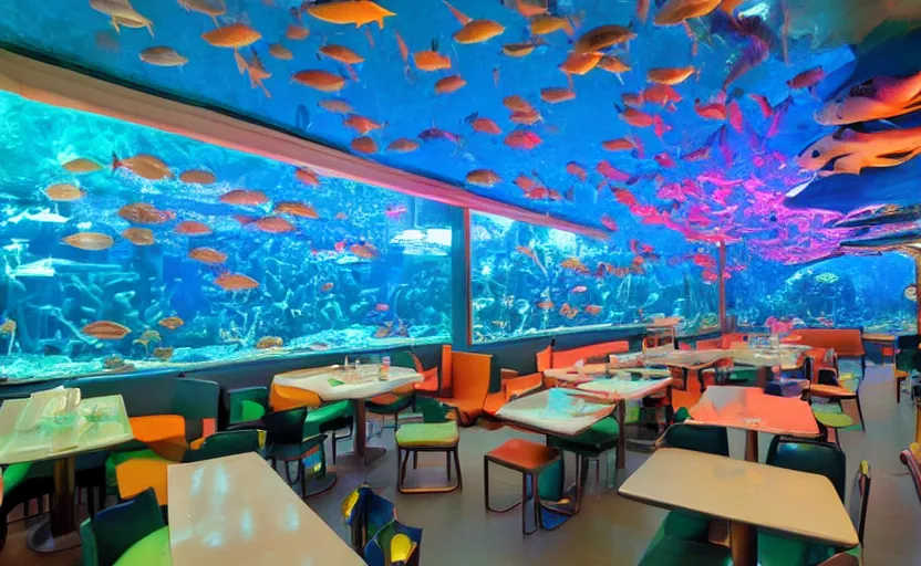 Image similar to inside a fastfood fish restaurant, fluorescent light, bright, atlantis theme, a giant aquarium on the wall