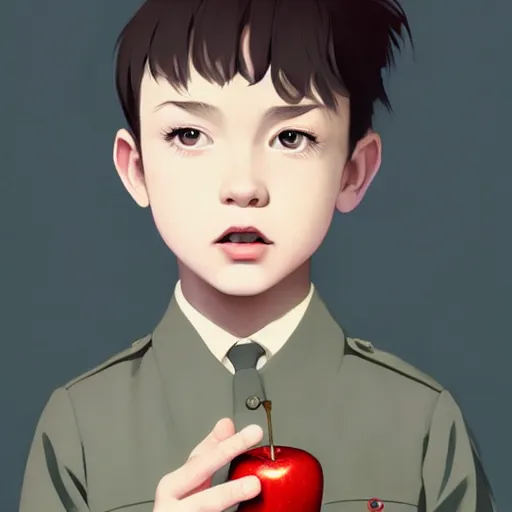 Image similar to portrait of little boy wearing nazi uniform eating an apple by ilya kuvshinov and anna dittmann and studio ghibli and wlop and rossdraws, digital art, trending on artstation, anime arts, featured on pixiv, blue lighting, hd, 8 k, highly detailed, good lighting, beautiful, epic, masterpiece