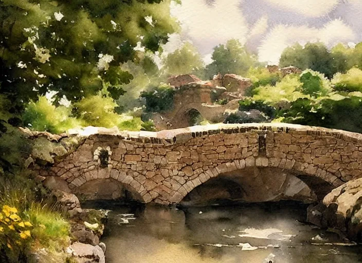 Image similar to watercolor of rustic stone bridge with mural, ivy, summer daylight, bright clear day, clouds, high detailed art by dennis miller bunker, work by anders zorn, wonderful masterpiece by greg rutkowski, beautiful cinematic light, american romanticism by greg manchess, creation by tyler edlin