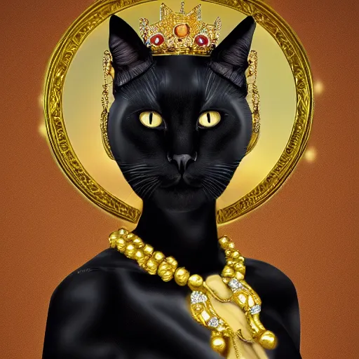 Prompt: a beautiful portrait of Black cat as a queen with a golden crown an jewelry, 8k ultra realistic details, digital art