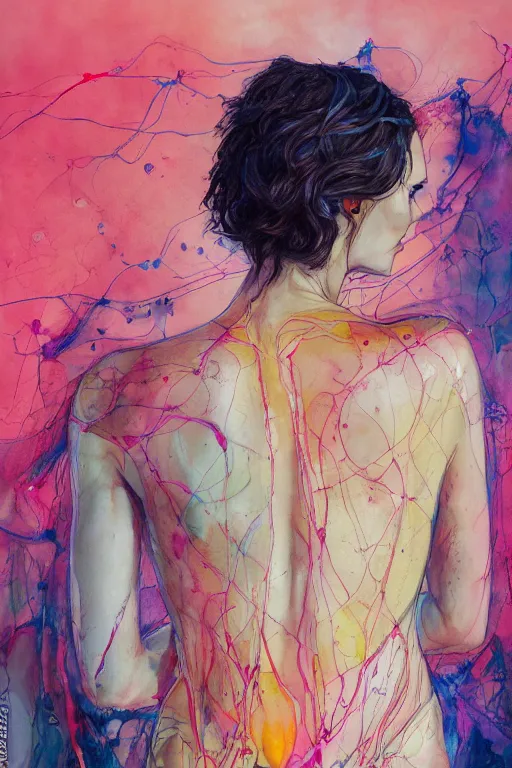 Image similar to gal gadot by agnes cecile enki bilal moebius, intricated details, 3 / 4 back view, full body portrait, extremely luminous bright design, pastel colours, drips, autumn lights