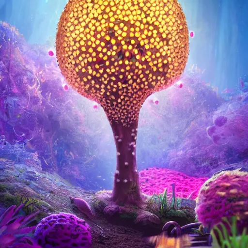 Image similar to tiny spells, vegetation, expressive eyes, floating, rbc, radiolaria, protophyta, micro - organisms, center frame, symmetric, rim light, marine microbiology, bioluminescence, electric, fur, soft, concept art, intricate details, highly detailed, colorful, photorealistic, disney pixar, octane render, iridescent, anime, 8 k