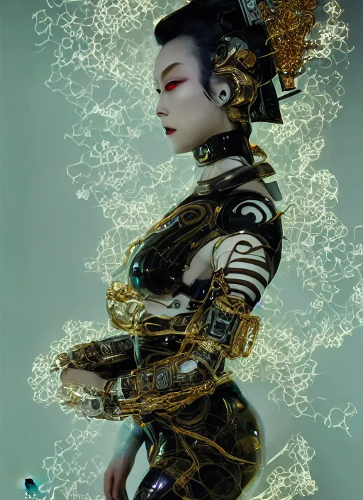 Prompt: portrait of a sensual futuristic geisha cyborg, latex, modern fine art, fractal, glowing calligraphy, intricate ornaments, elegant, highly detailed, digital photography, subsurface scattering, by jheronimus bosch and greg rutkowski,