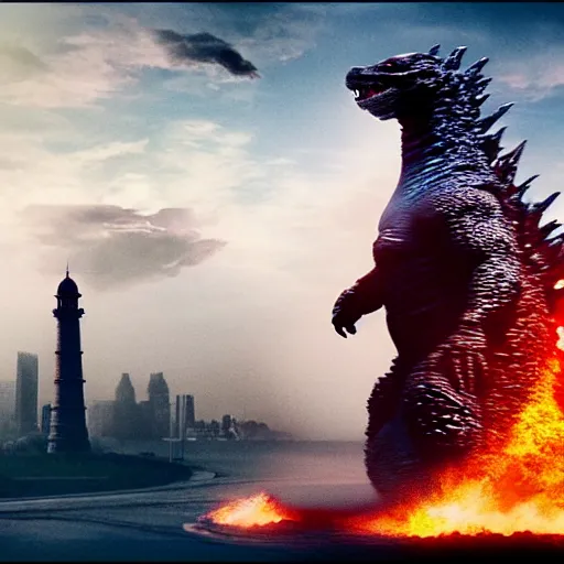 Image similar to godzilla near taj mahal, majestic, breathtaking, film still from godzilla 2 0 1 4, 8 k, unreal engine 5 rendering, hyper realistic, global illumination, radiant lighting, clear image, intricate environment