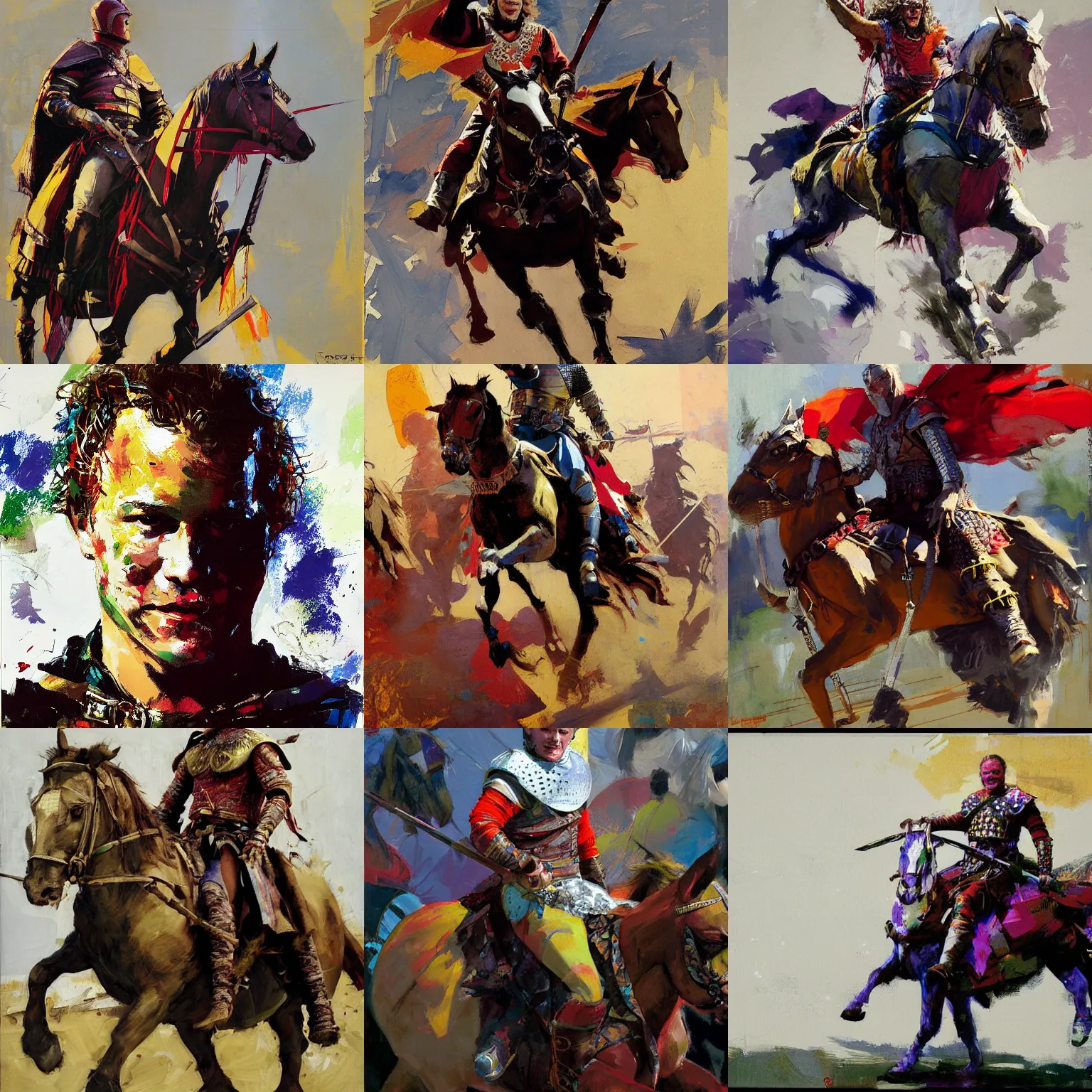 Prompt: portrait of heath ledger as rider with couched jousting lance, colorful caparisons, chainmail, detailed by greg manchess, craig mullins, bernie fuchs, walter everett