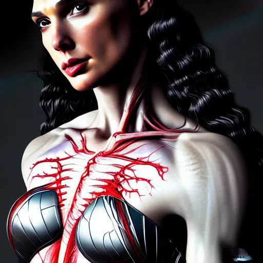 Image similar to gal gadot as a female vampire monster with translucent skin, visible muscles and veins and arteries and bones and spine and nerves, beautiful detailed intricate insanely detailed octane render, 8K artistic photography, photorealistic, chiaroscuro, by David Cronenberg, Raphael, Caravaggio