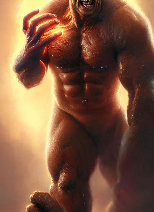 Prompt: dwayne johnson as the thing, body - horror, intricate, elegant, glowing lights, highly detailed, digital painting, artstation, glamor pose, concept art, smooth, sharp focus, illustration, art by artgerm and greg rutkowski, artey freytag