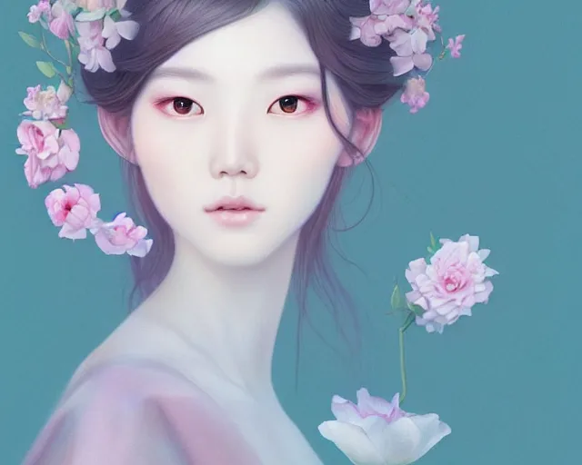 Prompt: highly detailed pastel colors of an ethereal asian beauty morphing gradually into flowers, by artgerm and hsiao - ron cheng, smooth composition, fine patterns and detail