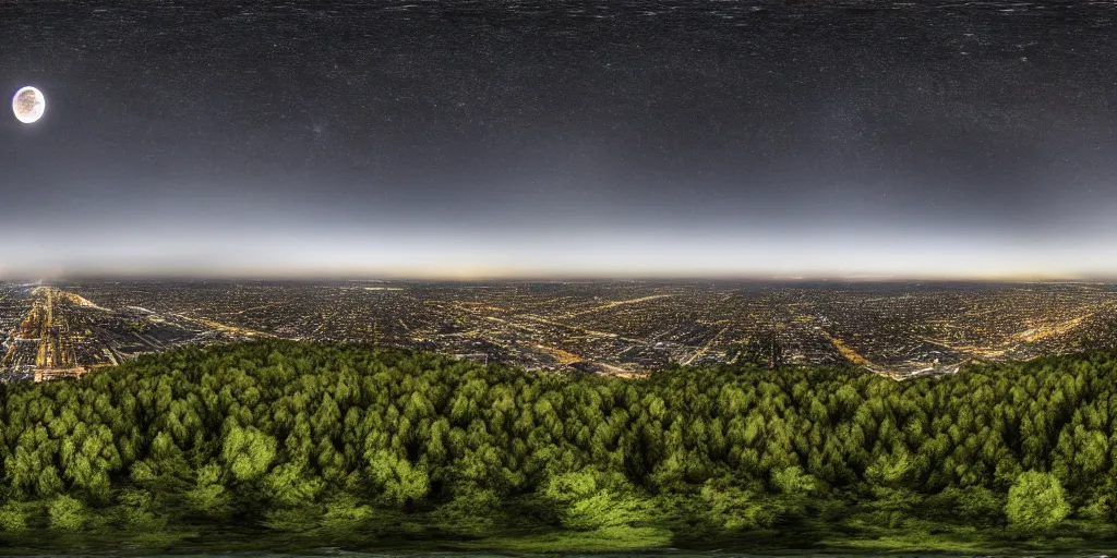 Image similar to a big industrial city metropoli in the distance, cloudy dark sky, it's late at night the moon and the milky way shine, a forest in the foreground, 3 6 0 render panorama, equirectangular projection, seamless