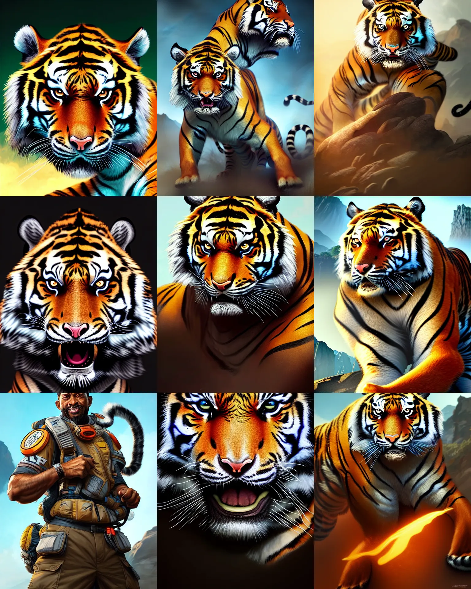 Prompt: tiger as an apex legends character digital illustration portrait design by, mark brooks and brad kunkle detailed, gorgeous lighting, wide angle action dynamic portrait