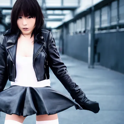 Image similar to a dynamic, epic cinematic 8K HD movie shot of a japanese young J-Pop idol girl wearing leather jacket, miniskirt, nylon tights and high heels boots. Motion, VFX, Inspirational arthouse