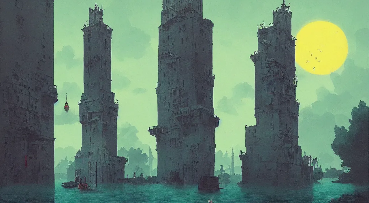 Image similar to single flooded simple tower, very coherent and colorful high contrast!! masterpiece by rene magritte simon stalenhag carl spitzweg syd mead norman rockwell edward hopper james gilleard, minimalist, bloodborne, dark shadows, sunny day, hard lighting