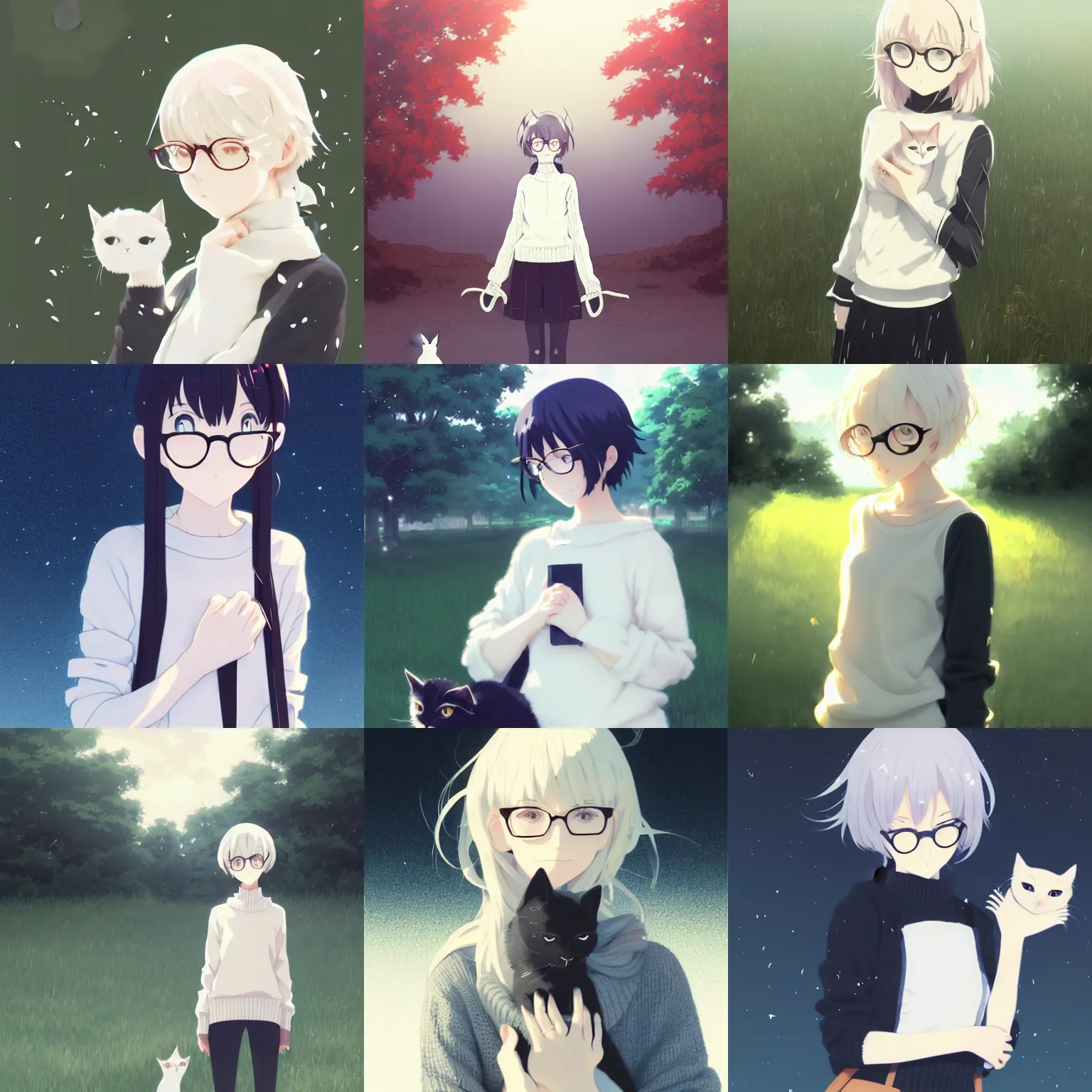 Prompt: cute girl holding cat white white pale hair white white pale hair white white pale hair in black sweater black glasses standing full body field background by greg rutkowski makoto shinkai kyoto animation key art feminine wlop smile