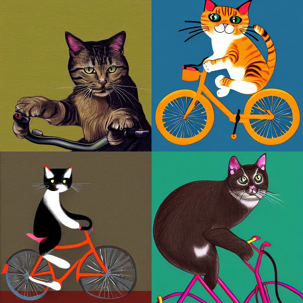 Prompt: a cat riding a bike, digital art