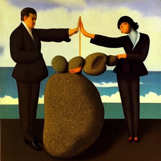 Image similar to A man and a woman working together to hold up an incredibly heavy stone, frustration, heartbreak, surrealism, in the style of René Magritte