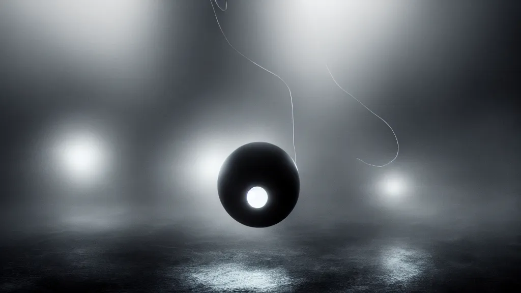 Image similar to a black sphere hangs in the sky, luminous tentacles leave it in different directions, fog, volumetric lighting, mystique, atmospheric, sharp focus, ultra detailed, noir art house, 4 k, cinematic, 3 5 mm