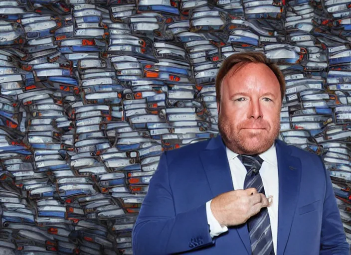 Image similar to dslr photo still of infowars host alex jones in a blue suit fat grey beard and mustache!!! sitting depressed!!! in a!!! room filled to the ceiling with iphones stacks of cell phones iphones stacks iphones filling the entire room room filled with iphones!!!, 5 2 mm f 5. 6