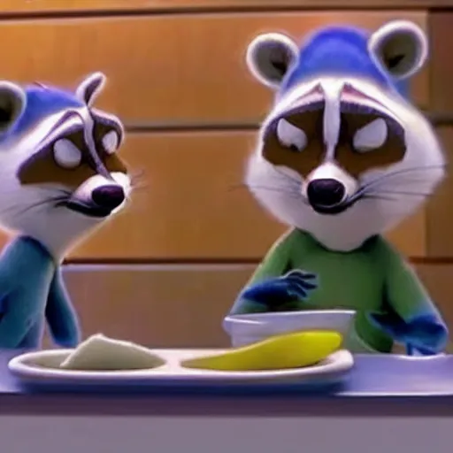 Prompt: two raccoons doing the dishes, pixar style