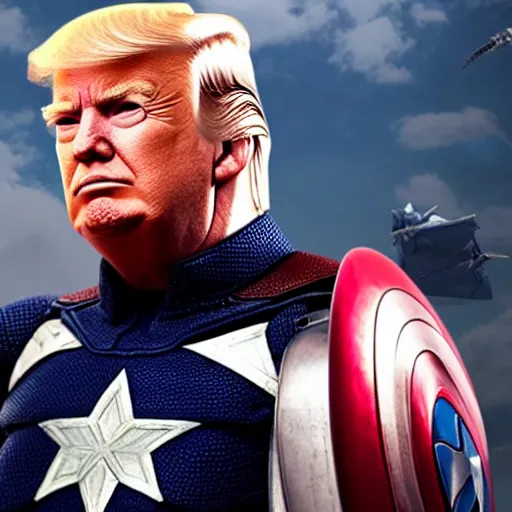 Image similar to Donald Trump cast as Captain America, still from marvel movie, hyperrealistic, 8k, Octane Render,