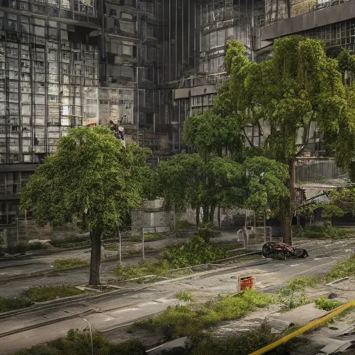 Prompt: an apocalyptic city scene, overgrown foliage, a single person standing in the road back facing the camera, hyper detailed, 4 k octane render