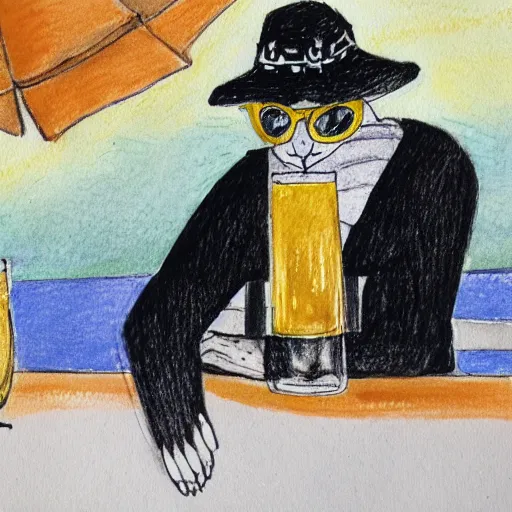 Image similar to a cat wearing a black bucket hat and a black and yellow colored scarf drinking a beer at an outdoor bar, children\'s book watercolor drawing