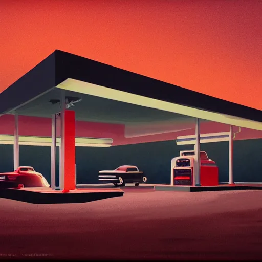 Image similar to a matte painting of a gas station at night by james gilleard, emiliano ponzi, george ault, bauhaus, retrofuturism, concept art, matte background, matte drawing