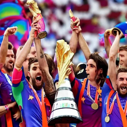 Image similar to Unicorns holding the World Cup Trophy