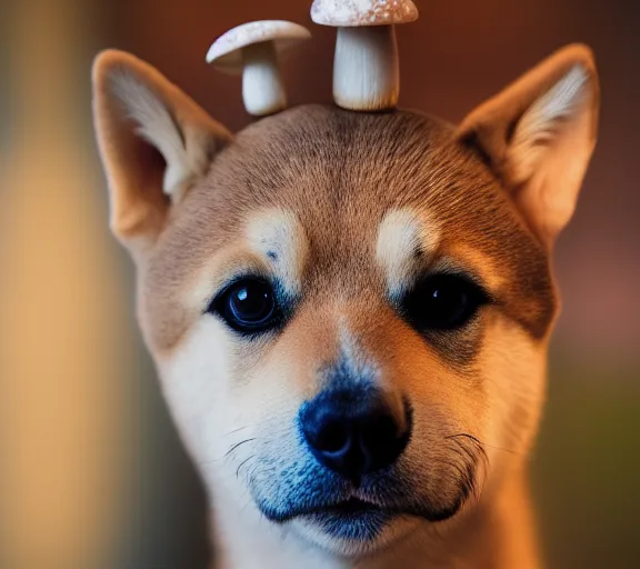 Image similar to a portrait of shiba inu with a mushroom cap growing on its head. intricate. lifelike. soft light. sony a 7 r iv 5 5 mm. cinematic post - processing