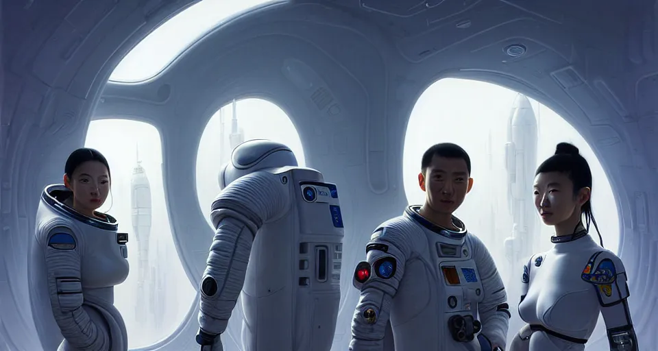 Image similar to portrait of yael shelbia and kang seul - gi, astronaut, symetrical facial, white hair, intricate design details. cyberpunk touareg, by ruan jia, weldon casey, ralph mcquarrie. smooth gradients, transparent inflatable structures.