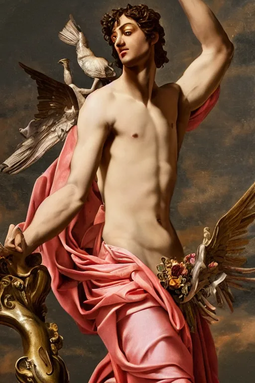 Prompt: a young handsome Spanish prince in a full-body bronze baroque statue of Icarus posed seductively, crown of peach roses, flowing pink-colored silk, fabric, flowers. baroque elements, human skull. full-length view. baroque element. intricate artwork by caravaggio. many many birds birds on background. Trending on artstation, octane render, cinematic lighting from the right, hyper realism, octane render, 8k, depth of field, 3D