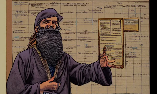 Prompt: A bearded wizard points at an IPA linguistics chart in front of a lecture hall, by Mœbius