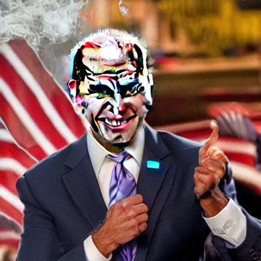 Image similar to joe biden in clown makeup smoking large blunt