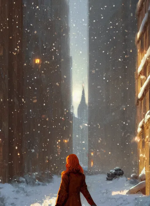 Prompt: back of emma stone in beige coat, orange hair, walking into new york apartment building in winter, opening door, building entrance, snow, zoomed out, artwork by gaston bussiere, craig mullins, trending on artstation