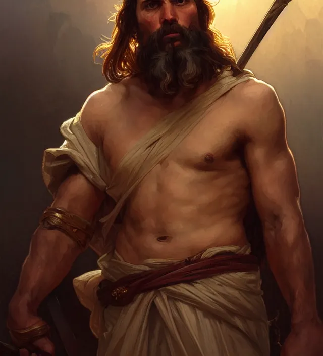 Image similar to portrait of biblical cain holding a spear, intricate, headshot, highly detailed, digital painting, artstation, concept art, sharp focus, cinematic lighting, illustration, art by artgerm and greg rutkowski, alphonse mucha, cgsociety