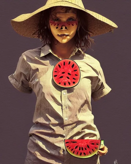 Image similar to a scarecrow using a shirt with an amazing texture, holding a watermellon, patterns on shirts, gentle, posing, watermelon farm, vaporwave, bedroom, highly detailed, digital painting, artstation, concept art, smooth, sharp focus, illustration, art by artgerm and greg rutkowski and alphonse mucha