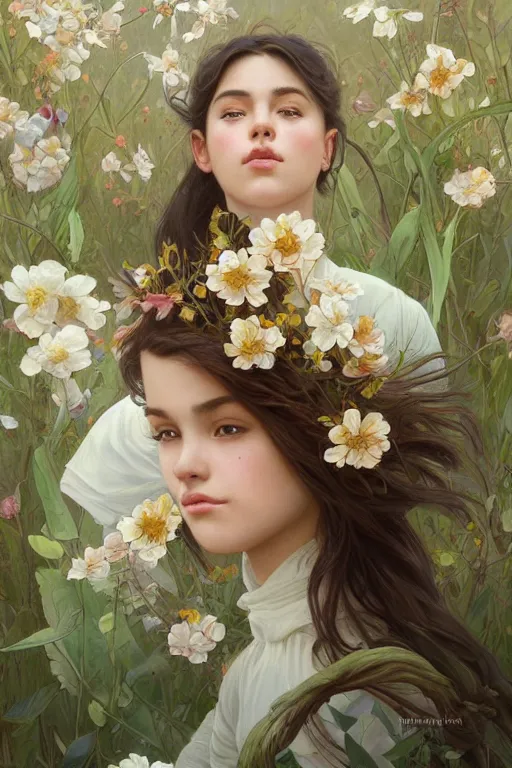 Image similar to ultra realistic illustration, mexican girl with flowers blossoming, elegant, highly detailed, digital painting, concept art, smooth, sharp focus, illustration, art by artgerm and greg rutkowski and alphonse mucha