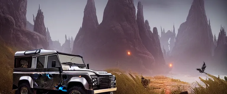 Image similar to Land Rover Defender 110 (1985), The Elder Scrolls V: Skyrim, Riften, The Rift, an epic fantasy, living flora, spriggans, humanoid flora, dramatic lighting, cinematic, establishing shot, extremely high detail, photorealistic, cinematic lighting, artstation, by simon stalenhag